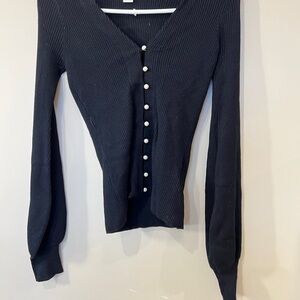 Black Ribbed Button-Up Top